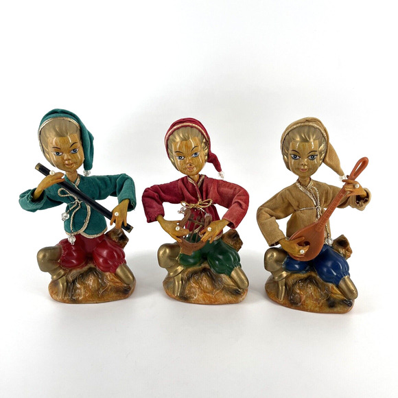Set of 3 Rare Vintage Pixie Elf Musicians Mid Century Modern Retro Harp Flute - Picture 1 of 16